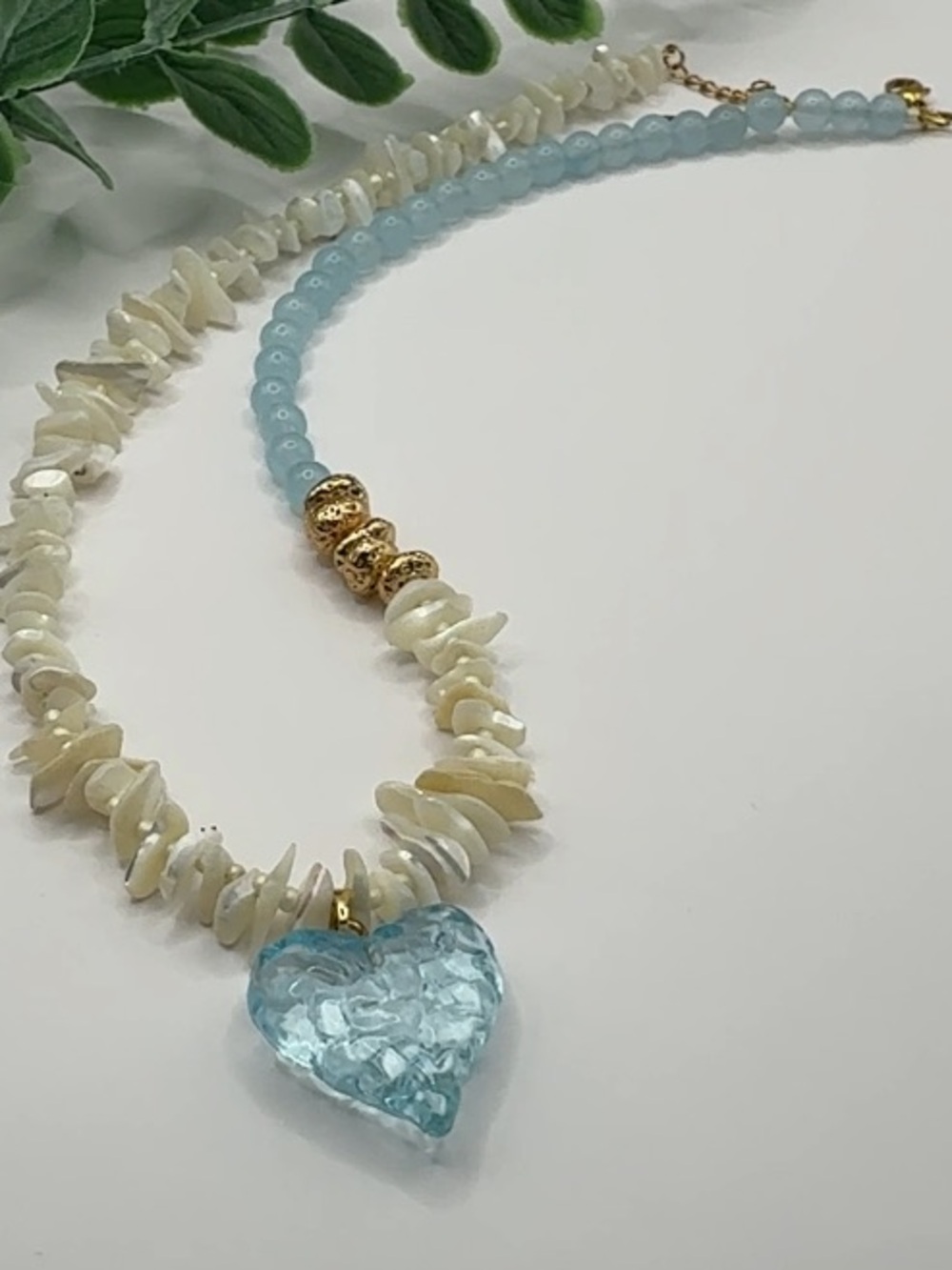Sea-Glass Blue Heart Pendant with Cream Shell Bead Necklace - Women Jewelry
